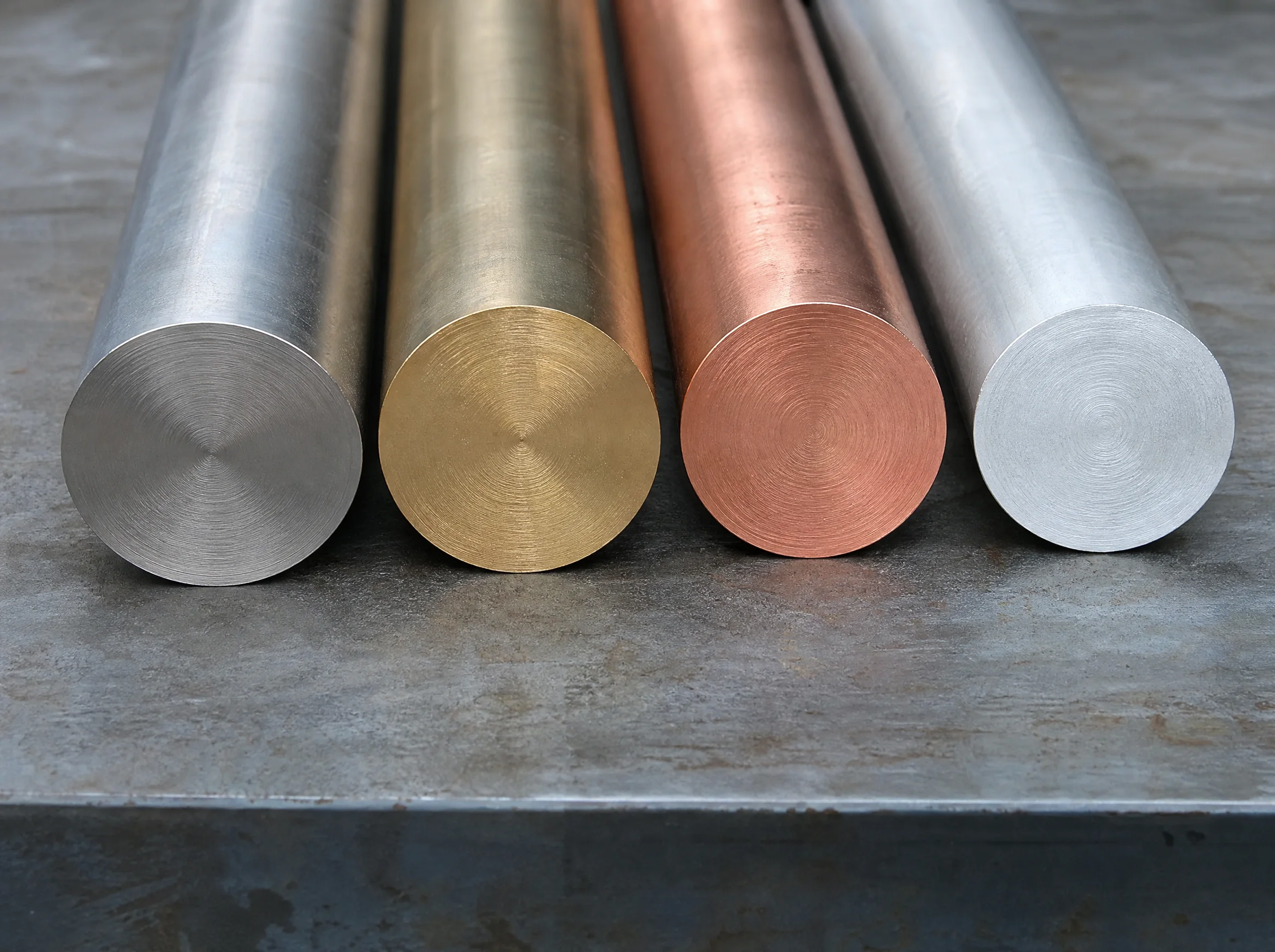 Stirnseiten von Rundstangen aus Edelstahl, Messing, Kupfer und Aluminium nebeneinander auf einer Stahlplatte